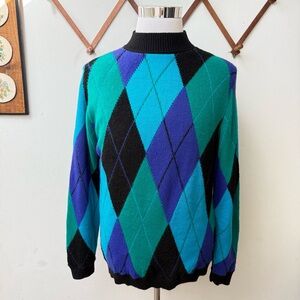 Vintage Black Argyle Patterned Knit Crewneck Sweater